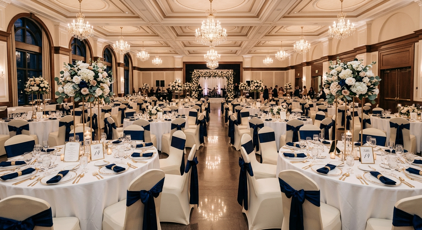Elegant banquet hall with ivory chair covers and draped table linens by Chair Cover NY