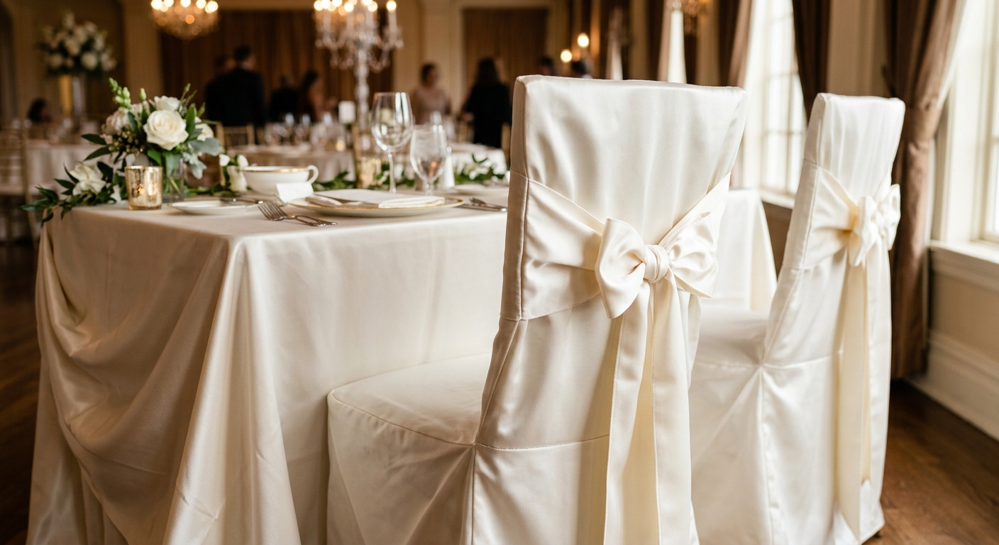 Elegant ivory satin chair covers with bows at a Chair Cover NY styled event
