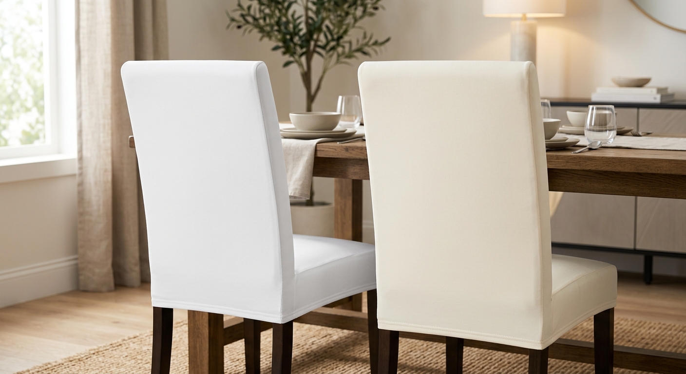 Close-up of premium polyester chair covers in white and ivory showing smooth wrinkle-resistant fabric texture