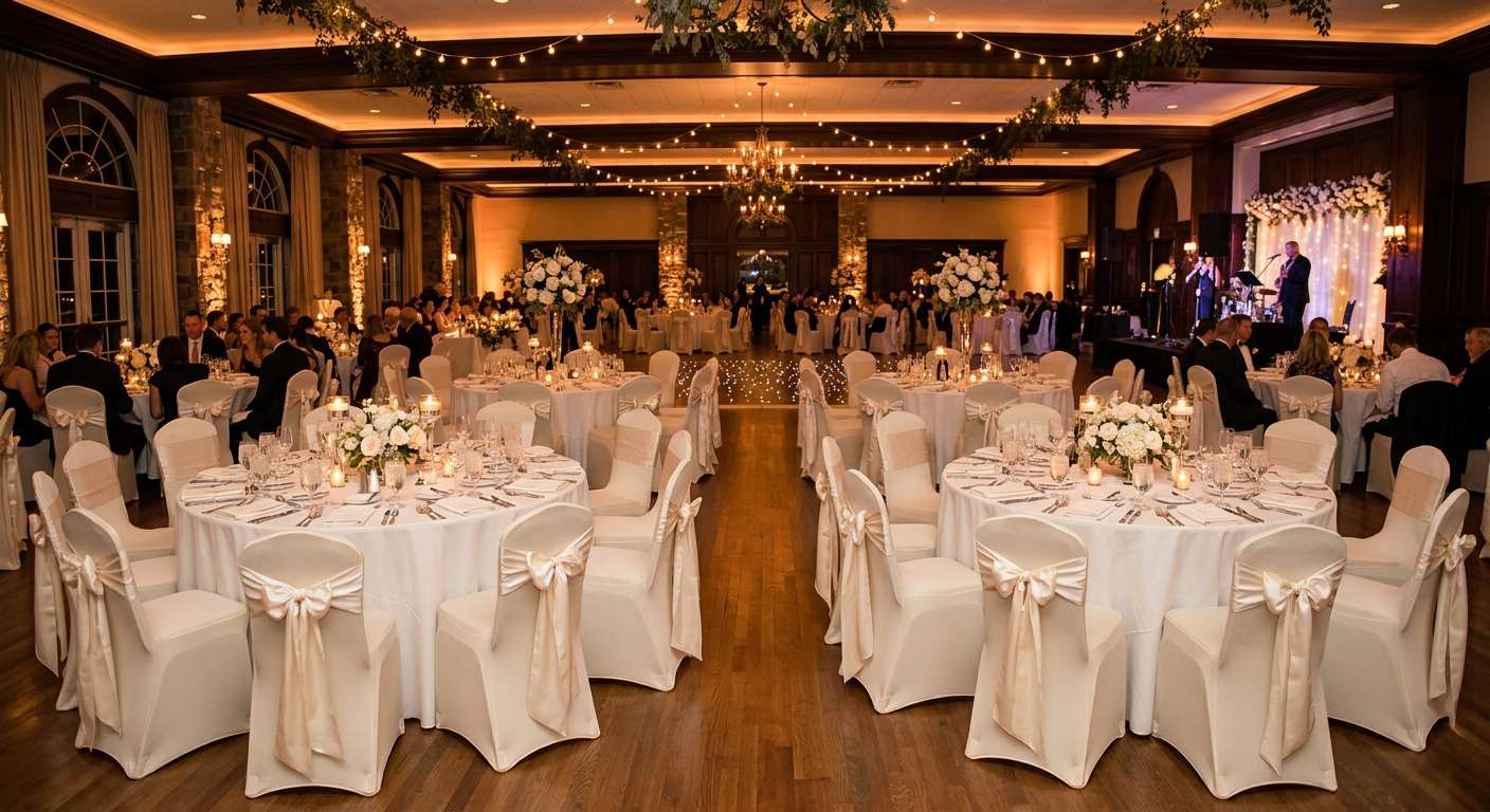 Elegant wedding reception with ivory spandex chair covers and satin sashes, round tables with floor-length white linens