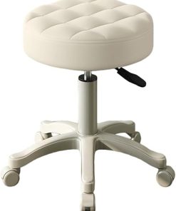 Beige Height Adjustable Rolling Stool for Home Office and Salon Use