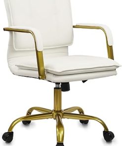 Clatina White Leather Home Office Desk Chair with Golden Legs