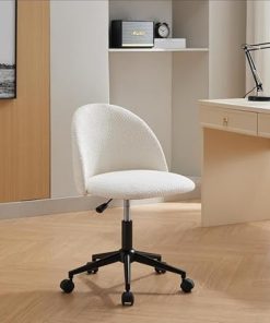 White Boucle Mid-Back Office Chair Adjustable Swivel with Wheels 2