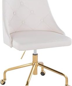 Adjustable Office Chair in Gold Metal and White Faux Leather
