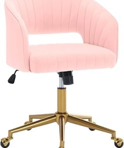 Modern Velvet Swivel Desk Chair Height Adjustable Gold Base Light Pink 2
