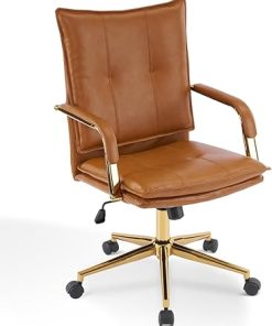 Mid-Century Faux Leather Office Desk Chair with Gold Legs and Arms