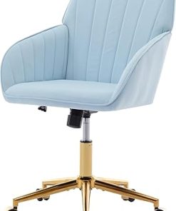 Modern Sky Blue Velvet Office Desk Chair with Gold Base and Wheels 2