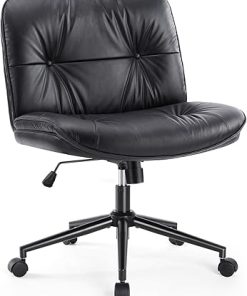 Criss Cross Armless Desk Chair with Wheels, PU Leather, Black