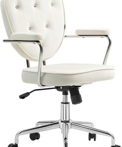 Cute Home Office Chair with Button Tufted Velvet Feel in Cream White