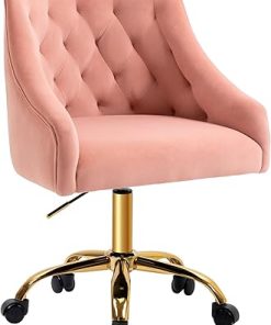 Pink Velvet Office Swivel Chair with Gold Accents for Girls