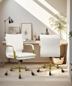 Clatina White Leather Home Office Desk Chair with Golden Legs 2