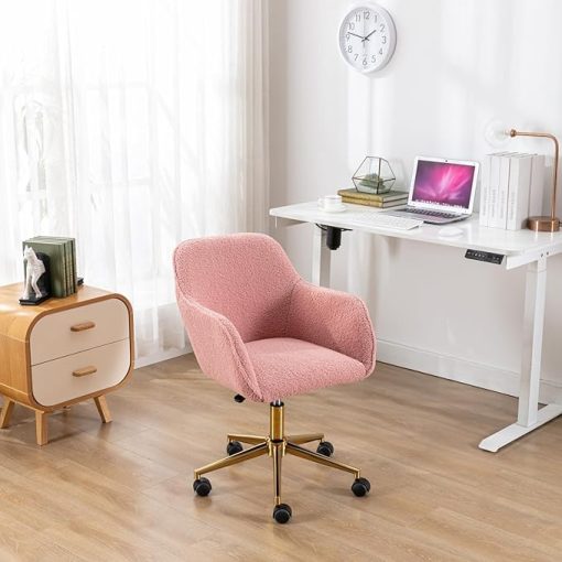 Pink Modern Teddy Fabric Office Chair with Gold Legs 360° Swivel - Image 2