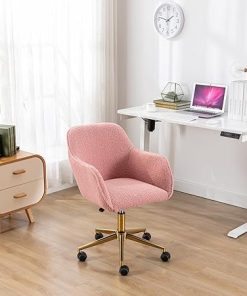 Modern Pink Teddy Fabric Office Chair with Gold Legs 360° Swivel