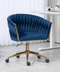 Velvet Office Chair with 360 Swivel Hand-Woven Backrest in Blue 2