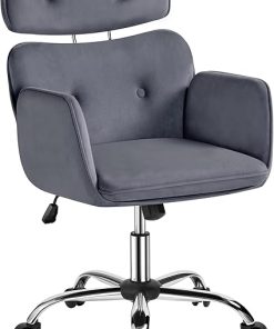 Modern Velvet Makeup Vanity Chair with Adjustable Headrest Dark Gray