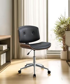 Adjustable Armless Home Office Chair PU Leather Walnut Wood 360° Swivel