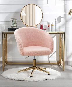 Modern Faux Fur Home Office Chair, Upholstered Round Fluffy Chair Makeup Vanity Chair for Teen Girls Swivel Pink Desk Chair with Gold Base, 3.5” Adjustable Height Leisure Elegant Office Chair 2