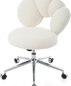 Cute Vanity Chair with Wheels for Makeup Desk Teddy Fabric White