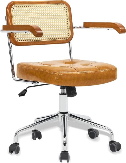 Mid Century Modern Rattan Desk Chair with Wheels and Adjustable Height - Image 2