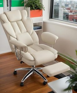 Beige Big and Tall Ergonomic Office Chair with Footrest and Lumbar Support