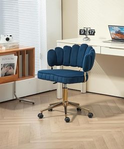 Modern Navy Velvet Home Office Desk Chair with Wheels and Swivel