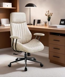 Ergonomic High Back Office Chair Mid-Century Faux Suede Beige 2