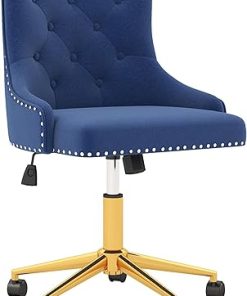 Blue Velvet Swivel Desk Chair with Tufted Back and Gold Base