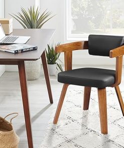 Mid Century Modern Faux Leather Desk Chair for Small Spaces Black/Walnut