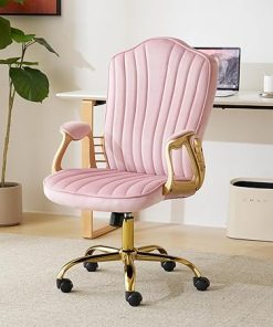 Comfortable Pink Velvet Home Office Chair with Gold Arms and Wheels