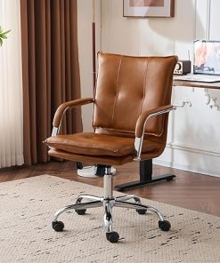 Modern Mid-Back Ergonomic Leather Office Chair with Gold Armrests