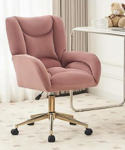 Cozy Rolling Office Chair with Wheels Armrest Soft Sherpa Pink Velvet