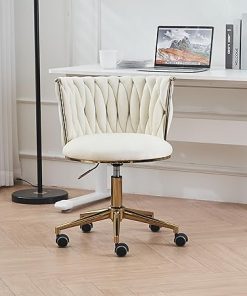 Elegant Velvet Swivel Desk Chair for Girls and Women in Beige Gold