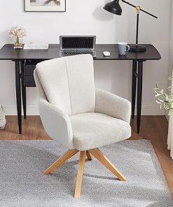 Zouron Swivel Desk Chair No Wheels Cotton Linen Office Chair Off White 2